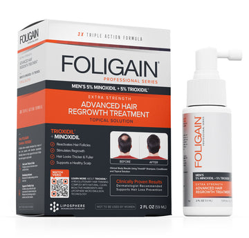 Erkekler için %5 minoksidil ve %5 TRIOXIDIL içeren FOLIGAIN topikal bakım ürünü, kutusu ve sprey şişesi.