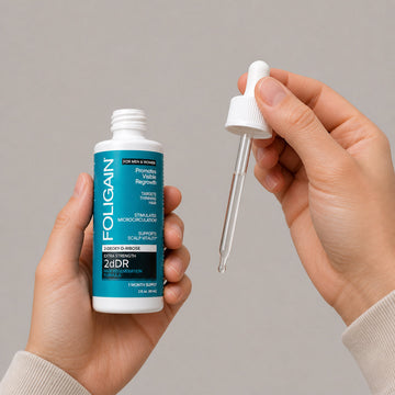 Açık FOLIGAIN 2dDR serum şişesini ve cam damlalığı tutan eller.