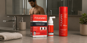 Banyo tezgâhına yerleştirilmiş erkekler için FOLIGAIN TRIOXIDIL topikal bakım ürünü ve şampuan.