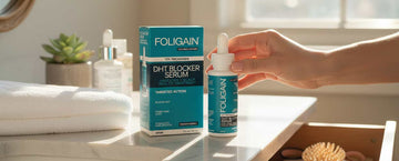 Banyo tezgâhında FOLIGAIN DHT serum şişesi ve kutusu; damlalık kapağını tutan bir el.