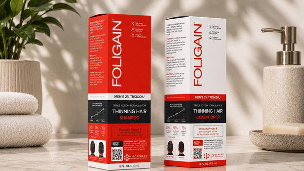 Erkekler için %2 TRIOXIDIL içeren FOLIGAIN şampuan ve saç kremi kutuları.