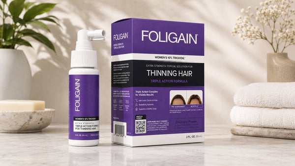 Kadınlar için FOLIGAIN %10 TRIOXIDIL topikal bakım ürünü şişesi ve kutusu.